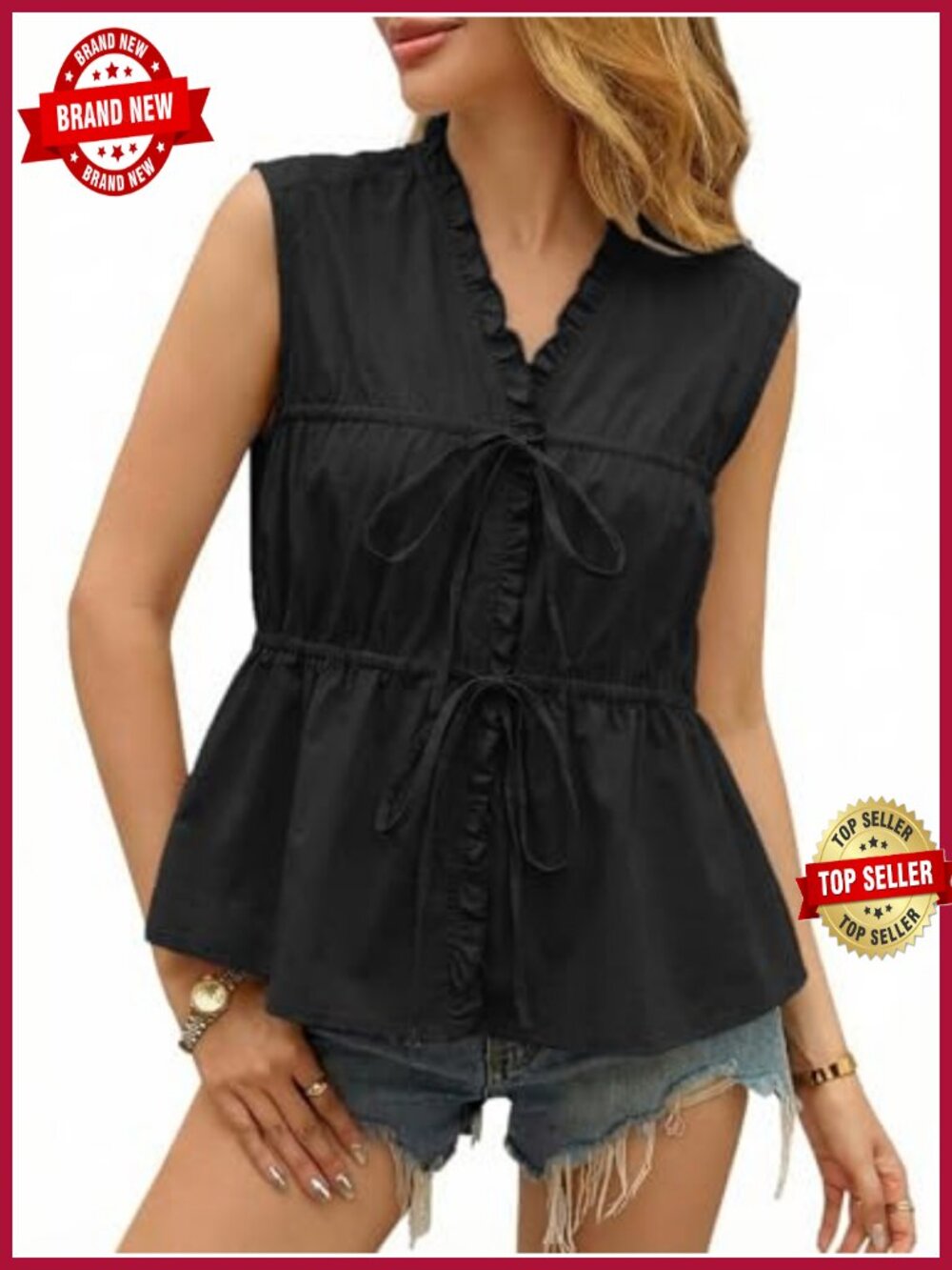 Tie Front Peplum Babydoll Tank Top V Neck Sleeveless Cotton Casual Bow Ruffle